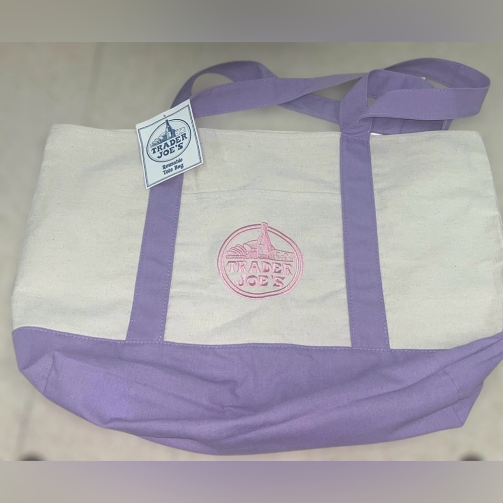 Trader Joe’s Cream and Lavender Canvas Tote Bag Large NWT